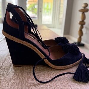 Aquazzura Navy Suede Espadrille Wedge Heels with Tassel Laces
